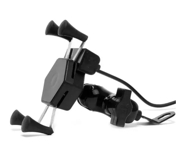 Suporte universal para celular de motocicleta com carregador USB, ideal para motos e scooters. Resistente e prático para viagens.