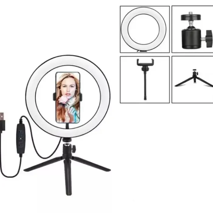 Ring Light LED de 20 cm (8 polegadas) com tripé de mesa e suporte para celular, ideal para maquiagem, fotografia e vídeo.